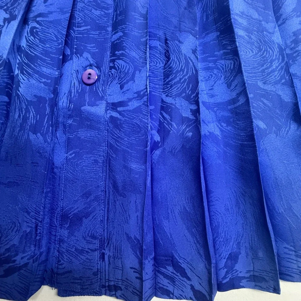 Vintage Argenti Silk Skirt 8 Cobalt Blue Jacquard Pleated Button Front Midi